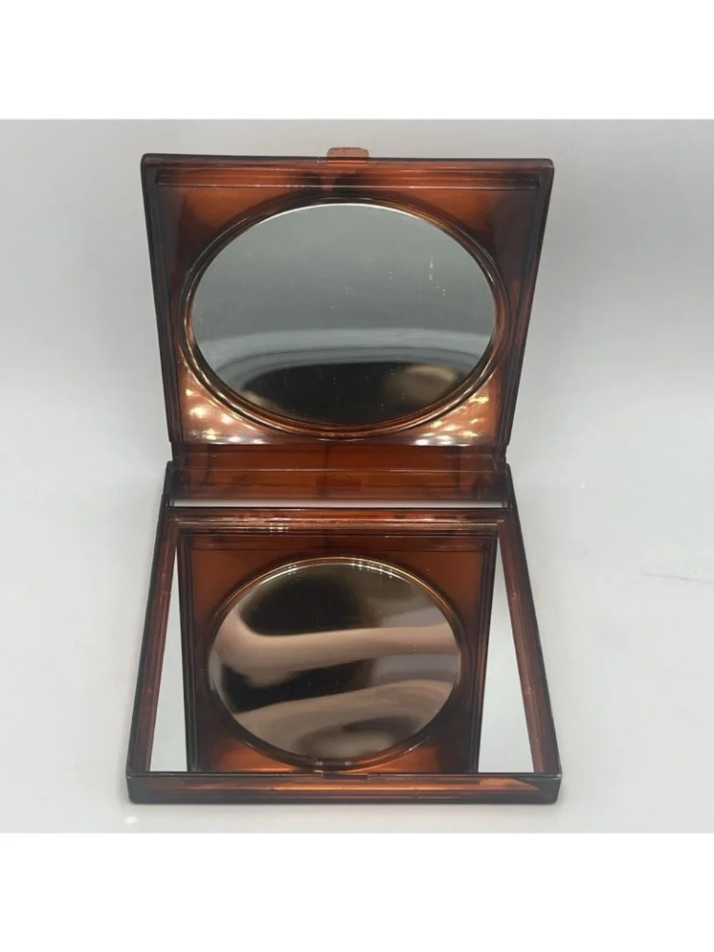 Vintage Brown Lucite Large Compact Mirror 2 Sides Magnification and Normal